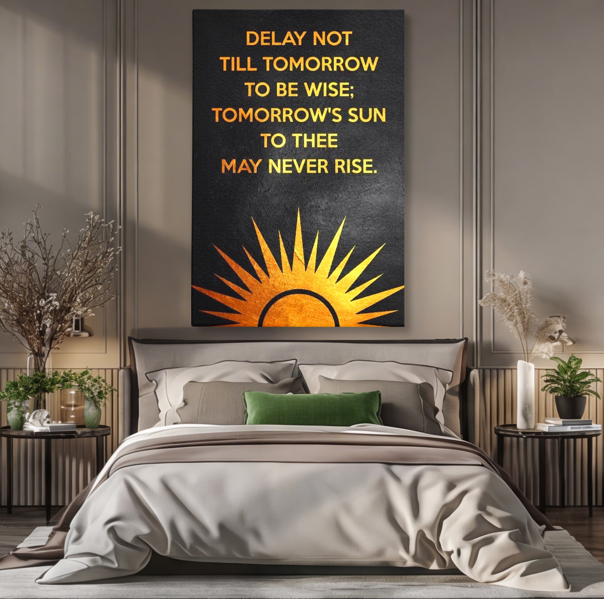 Tablou canvas cu tablou canvas motiv motivational negru si auriu, fara rama, pe sasiu de lemn, pe perete intr-un dormitor